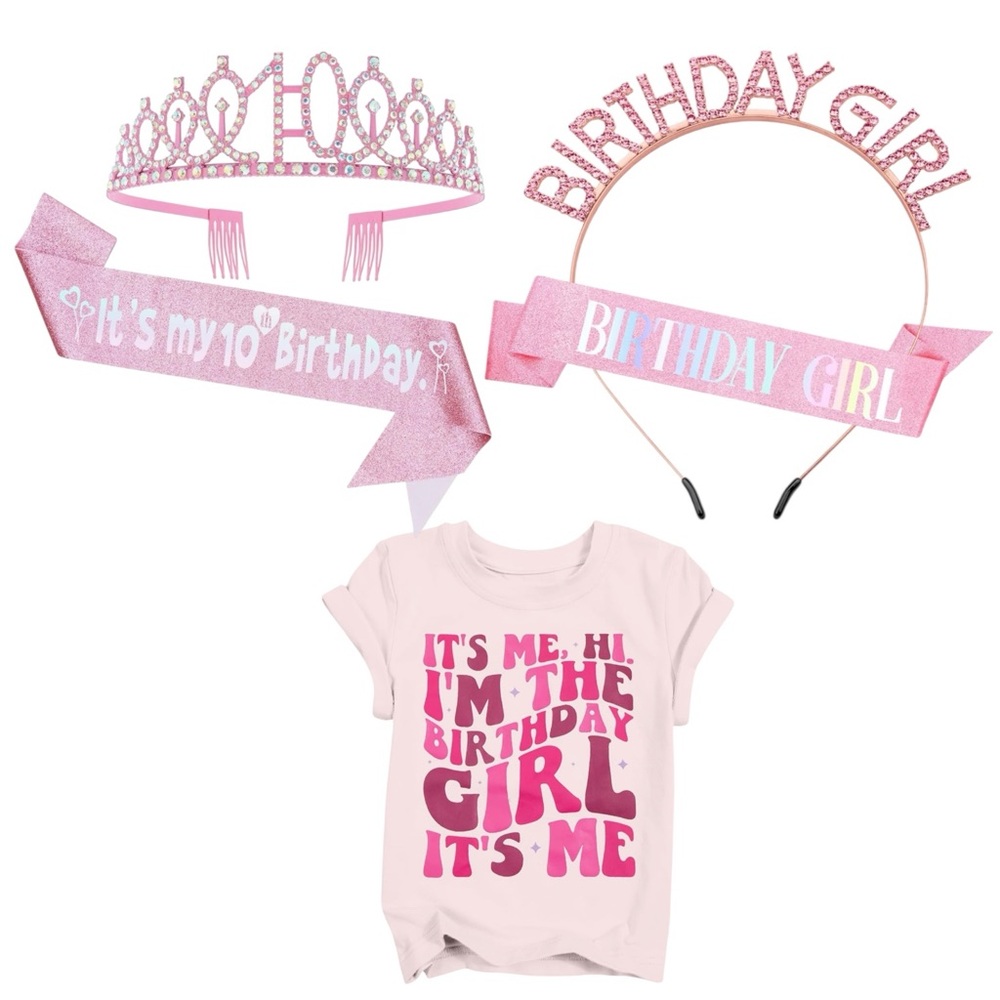 10th Birthday Girl Tiara Sash Shirt Party Outfit Favors NWT Bundle